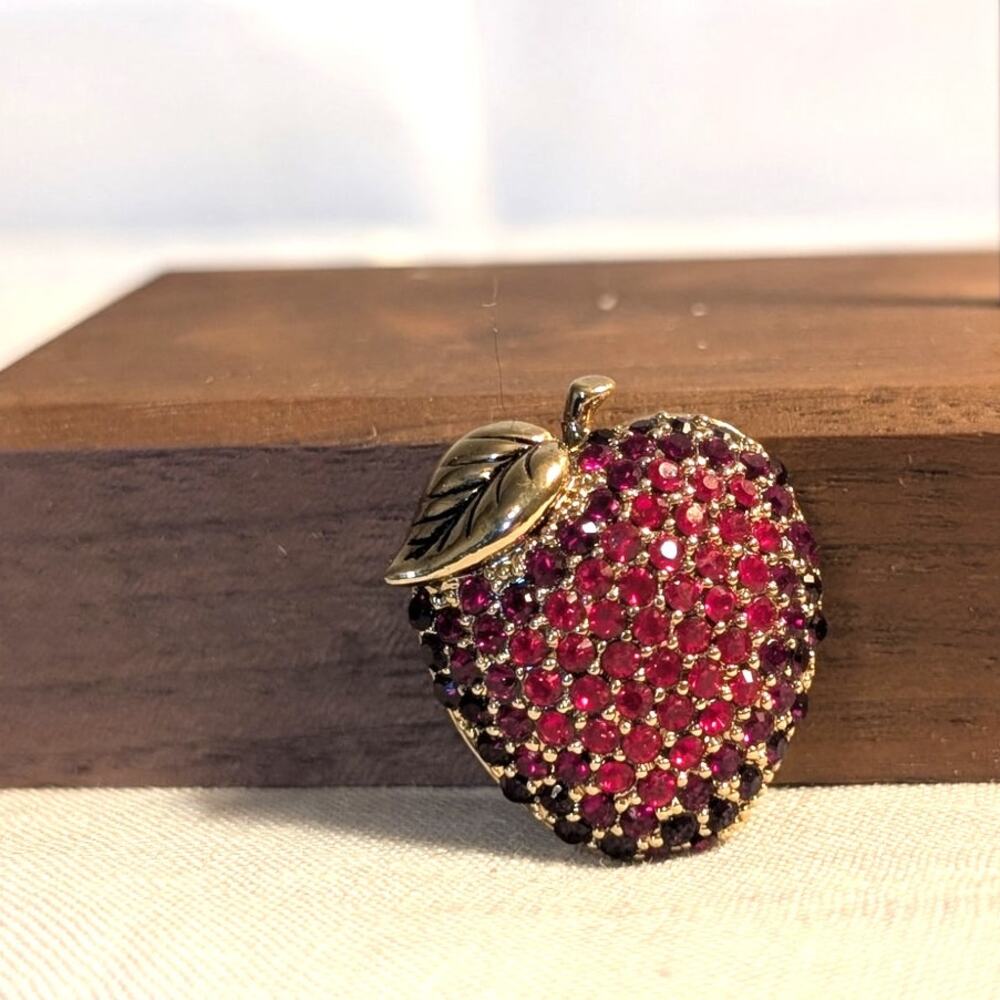 Signed MONET Rhinestone Covered Red Apple Brooch W/ Gold Tone Leaf